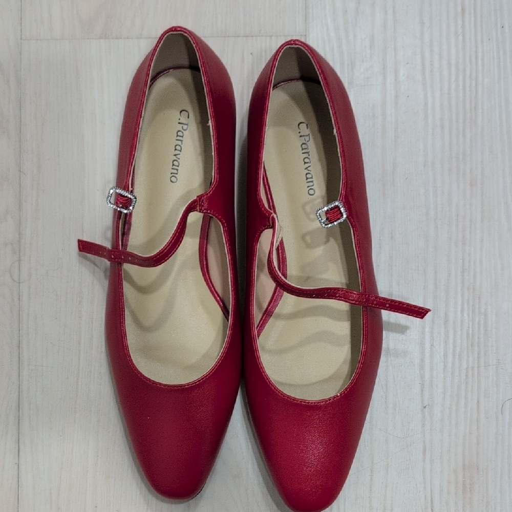 Red Mary Jane Flats with Buckle Strap (C. Paravano)